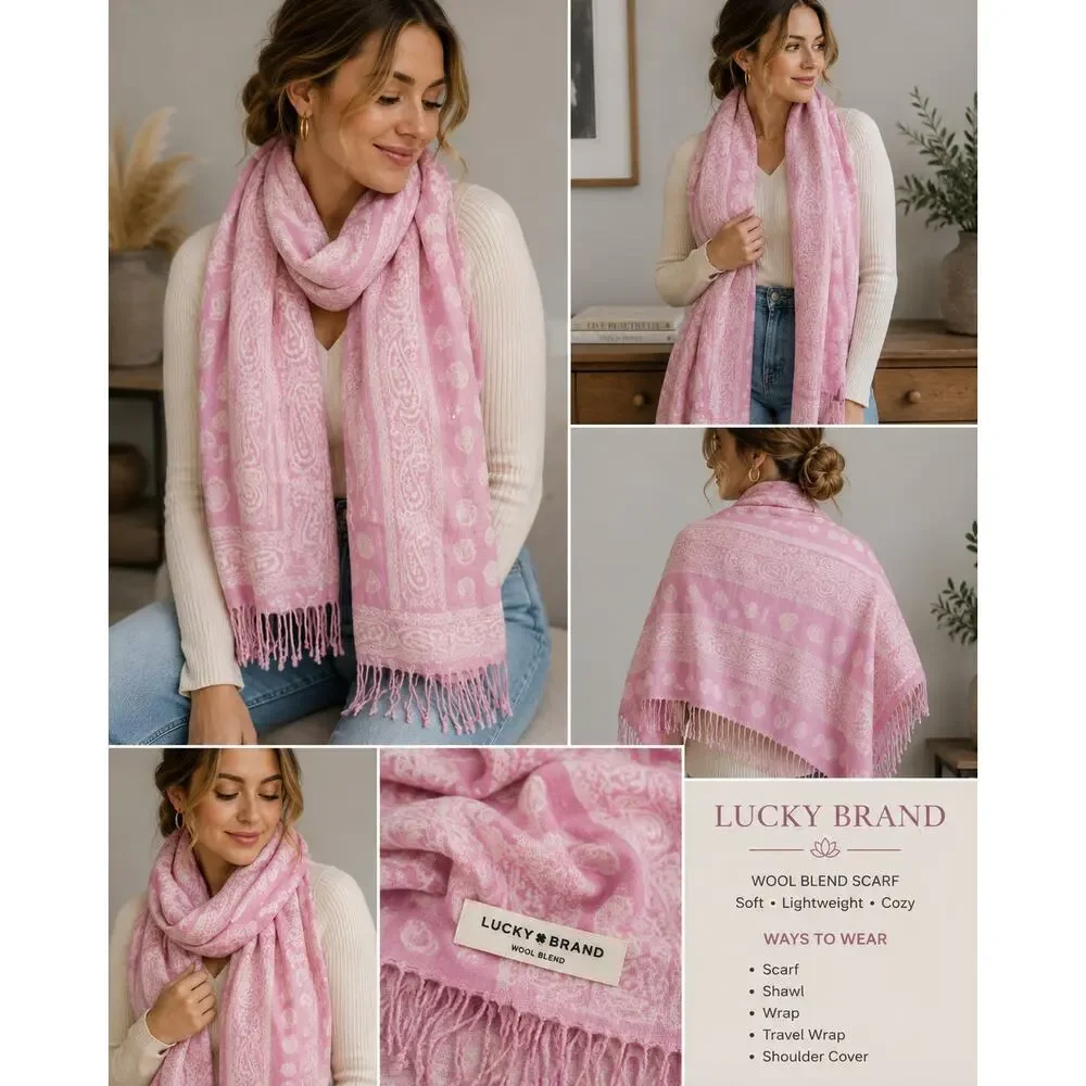 Lucky Brand Pink Paisley Fringe Scarf Wool Blend Boho Wrap Shawl